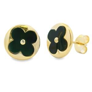 Natural Black Onyx Stud Earrings Gold Plated 925 Sterling Silver